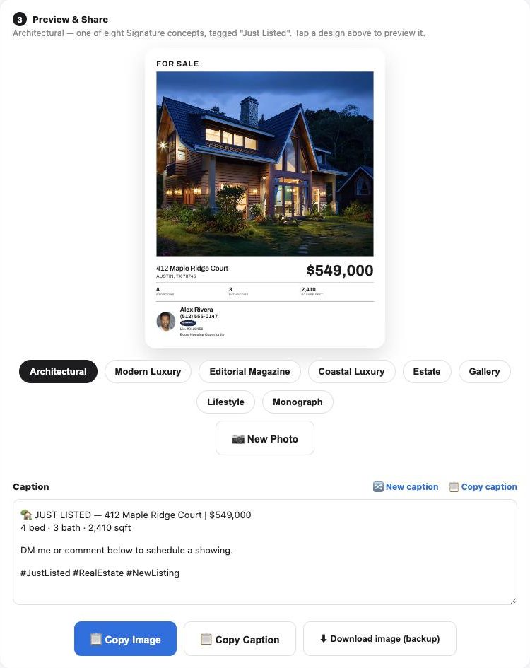A branded Just Listed post for a sample listing in the Signature Architectural design, with caption and copy buttons