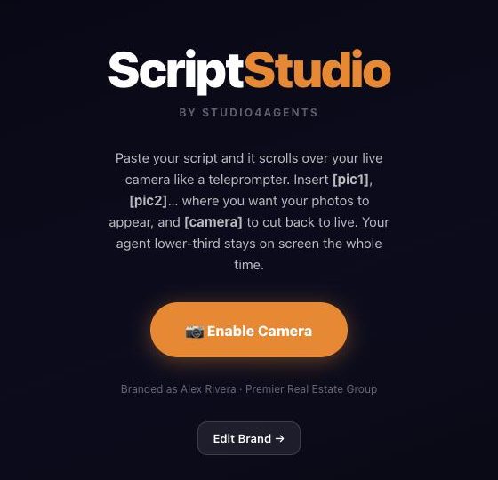 The ScriptStudio start screen, a teleprompter that scrolls your script over your live camera with your branding on screen